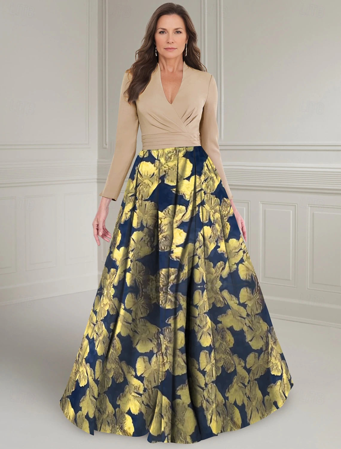 Buyishang Gold Floral A-Line Brocade Vintage Mother of the Bride Dress Elegant V Neck Floor Length Stretch Fabric Long Sleeve with Ruched Flower